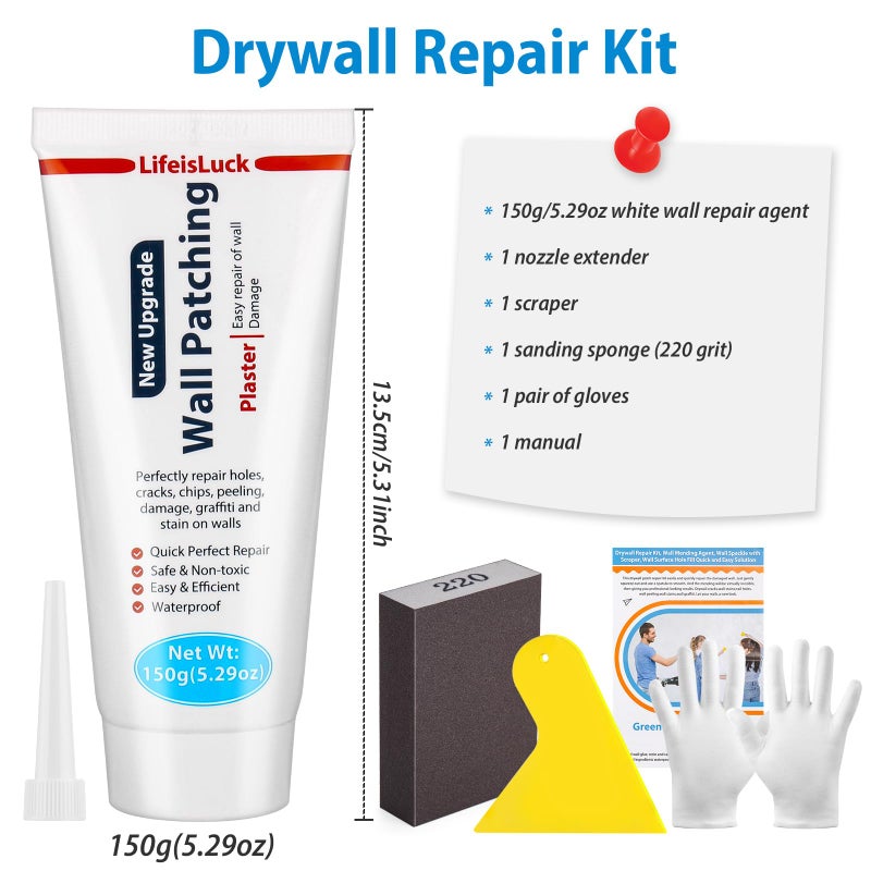 LifeisLuck Drywall Repair Kit, 150g Wall Mending Agent Spackle Wall Repair with Scraper Sanding Blocks for Filling The Home Holes Wall Plaster Dent Repair, Wall Surface Nail Hole Fill Quick - Image 3